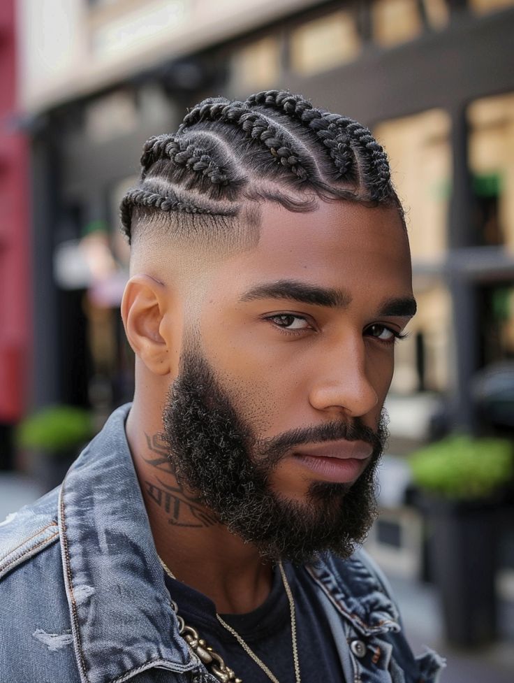 Cortes de pelo rizados y afro desvanecidos para hombres con trenzas