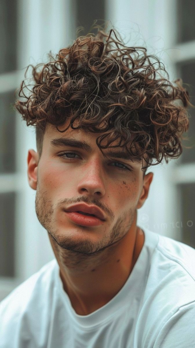 Coupes de cheveux dégradées ondulées pour hommes avec une frange bouclée